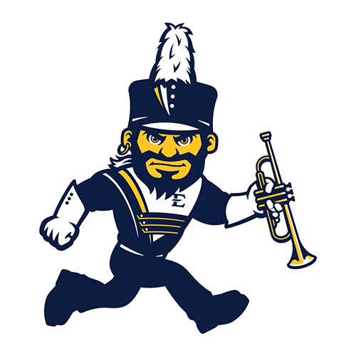 Illustration of Running Bucky wearing a Marching Bucs uniform and holding a trumpet