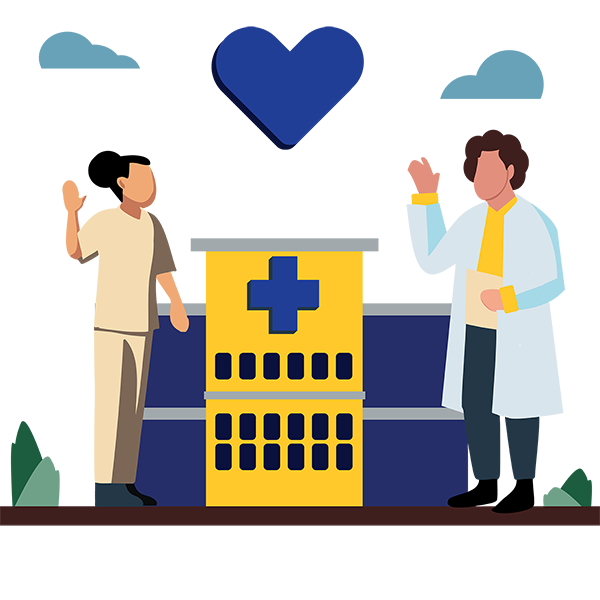 Illustration of a doctor and a nurse standing outside of a hospital waving to one another.