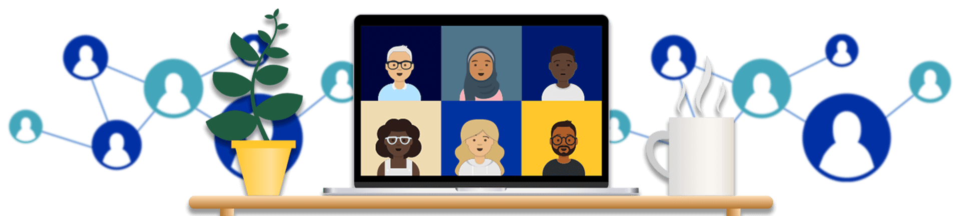 Illustrated computer with 6-way split screen featuring illustrated peoplc icons.