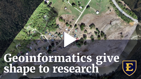 YouTube thumbnail depicting an overhead map of an affected flood area the text reads: "Geoinformatics give shape to research"