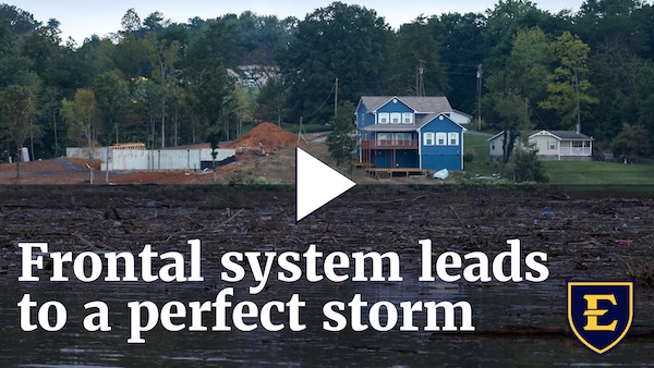 YouTube thumbnail depicting adamage surrounding a house after Hurricane Helene, the text reads "Frontal system leads to a perfect storm.""