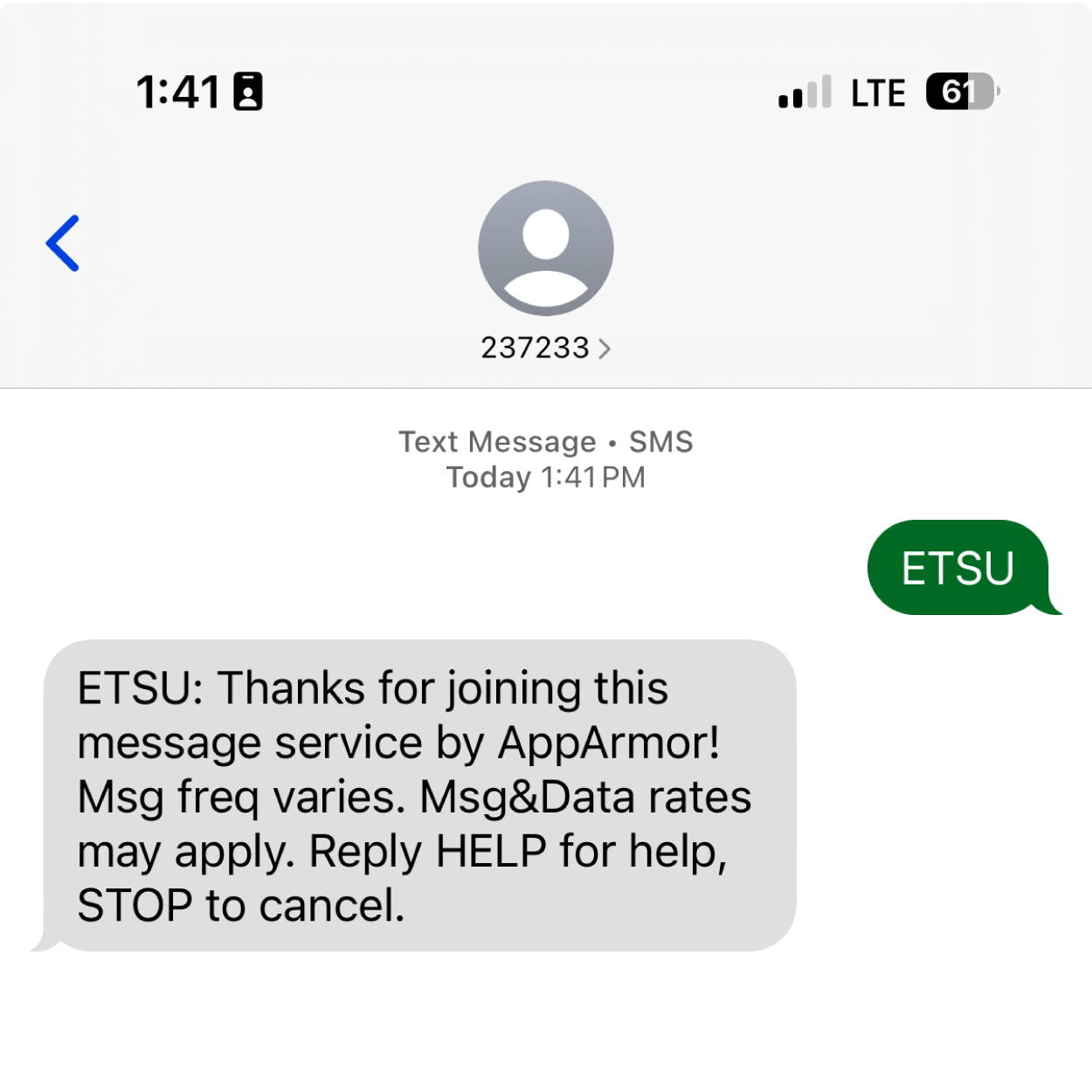 Screenshot of a text thread when someone texts 237233 for ETSU emergency alerts